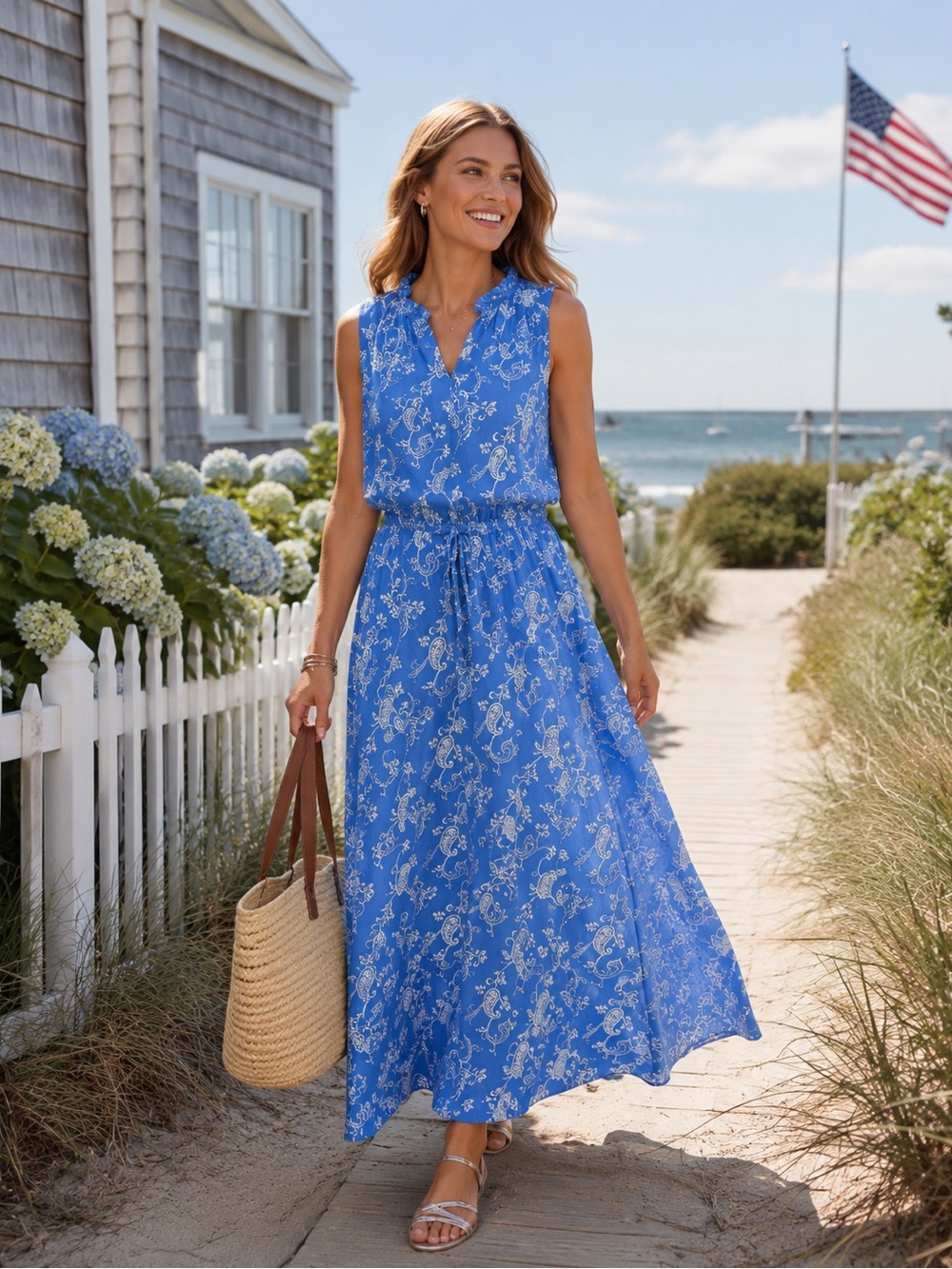TALBOTS Blue Paisley Sleeveless Maxi Dress Size 10 Cape Cod Coastal